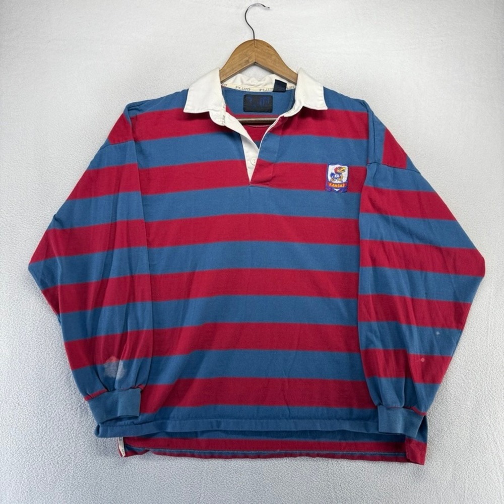 Vintage Kansas Jayhawks Rugby Shirt mens XL Red Blue Striped Colorblock Thin 90s